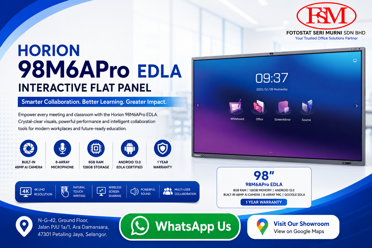Horion 98M6APro EDLA 98 inch 4K Interactive Flat Panel Display at Fotostat Seri Murni Ara Damansara Showroom