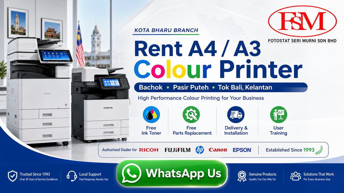 Rent A4 A3 colour printer in Bachok Pasir Puteh Tok Bali Kelantan from Fotostat Seri Murni Kota Bharu with free toner, free parts replacement, delivery, installation, user training and onsite service.